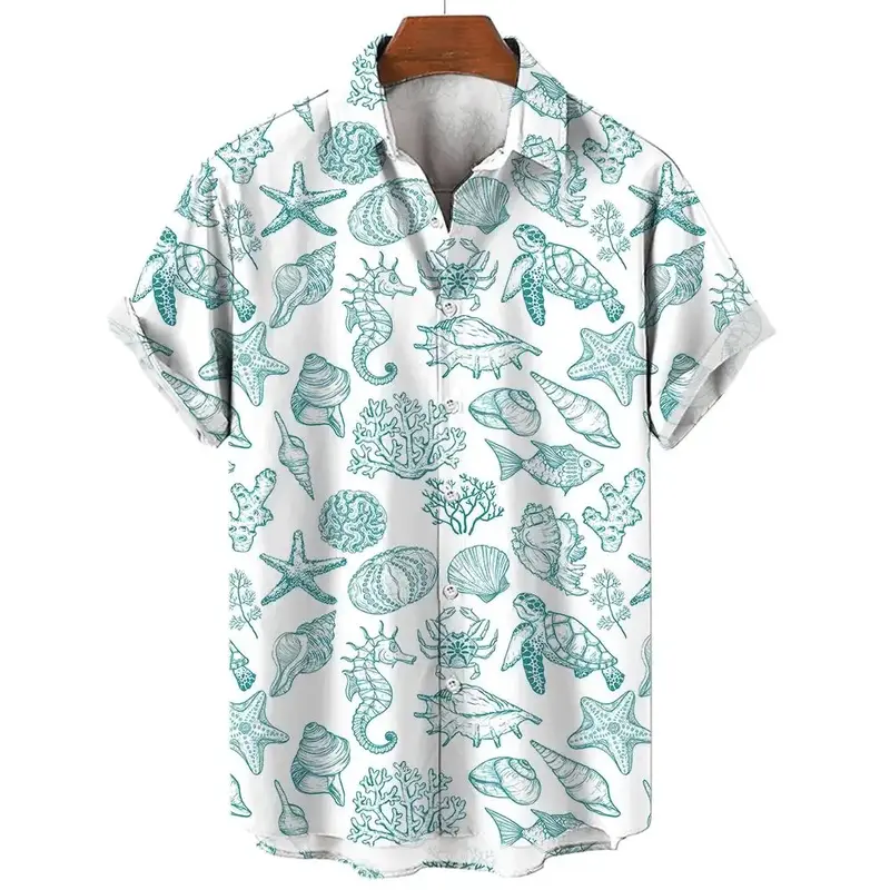 3D printed men's shirt, men's casual and fashionable short sleeved shirt, lapel button, underwater world pattern, turtle