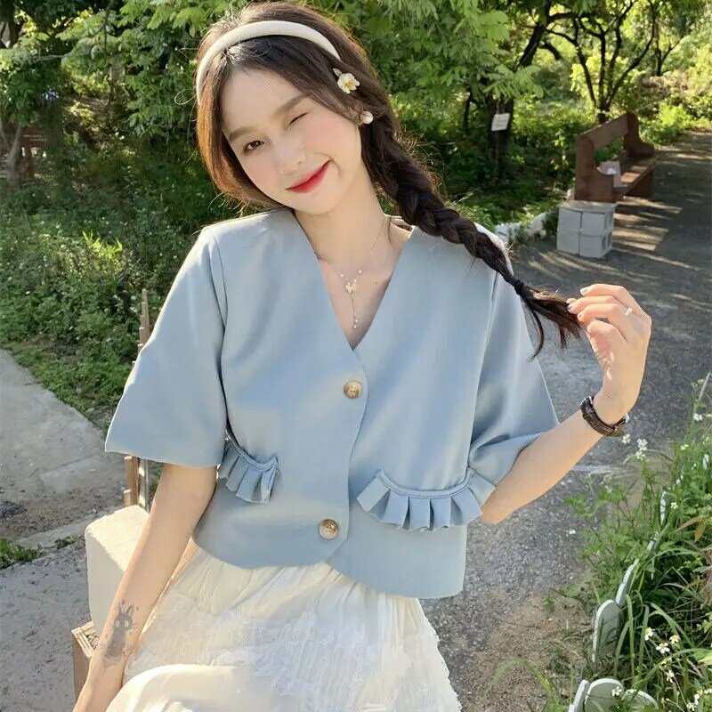 Solid Blazers Women V-neck Patchwork Button Fly Loose Office Lady Korean Style All-match Summer Prairie Chic Single Breasted