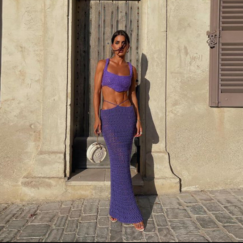 Knit Beach Dress Set for Women Sexy See Through Slim Crop Top and Long Skirt Suit Summer Purple Holiday Two Piece Set 2024