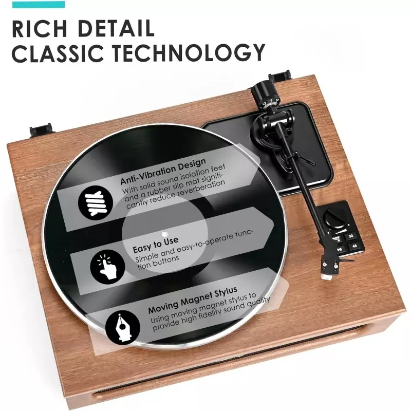 Vintage toca-discos com Belt Drive, tudo-em-um, alta fidelidade Turntable para discos de vinil, built-in 2 Tweeter e 2 Bass Stereo Speaker