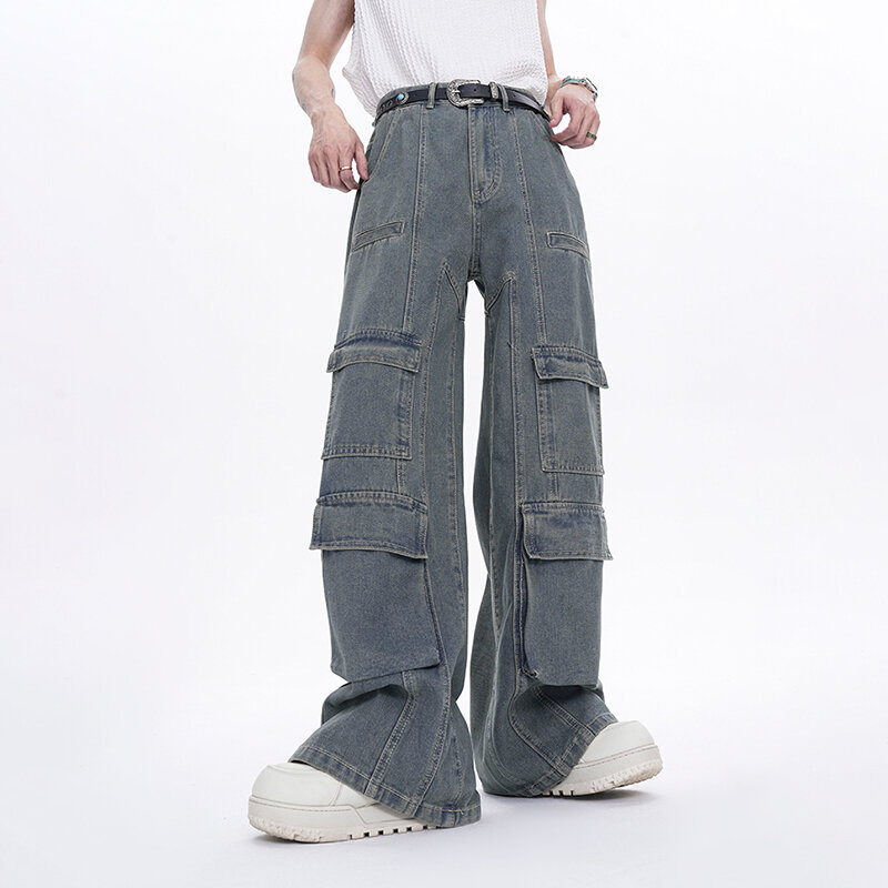 FEWQ High Street Men's Jeans Summer New Solid Color Loose Multi-pocket Cargo Pants Niche Design Men Vogue Personality 24X9096