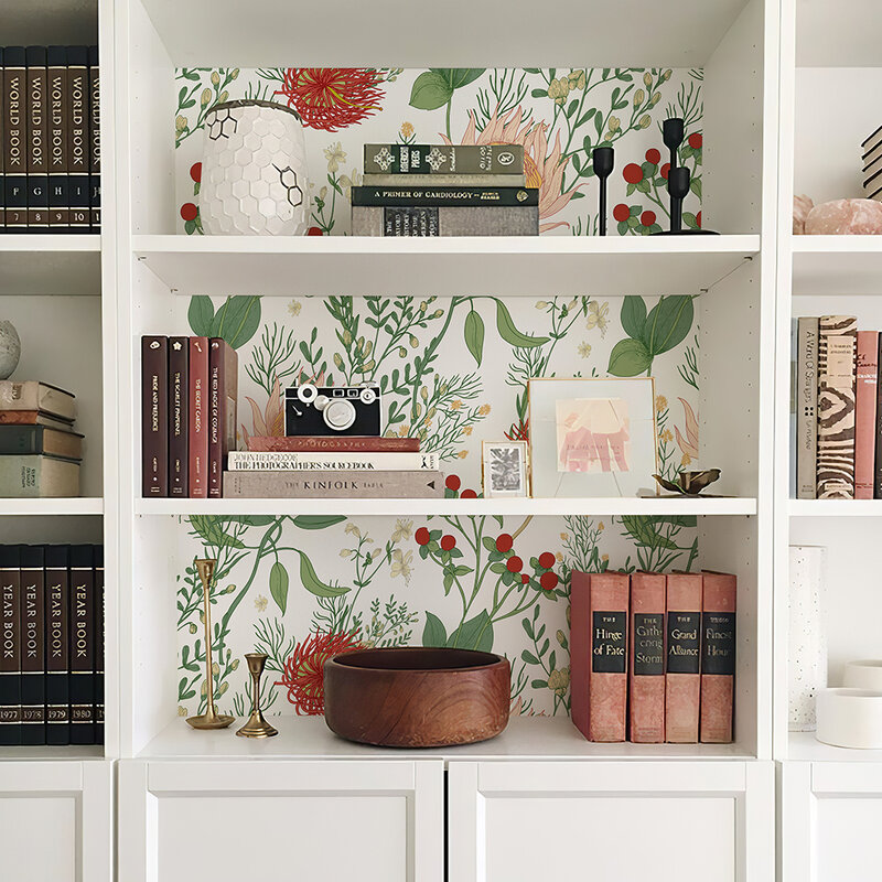 Papel tapiz de PVC Floral rojo de hoja verde, vinilo fresco de pelar y pegar, decoración del hogar, muebles impermeables, pegatina de armario de flores