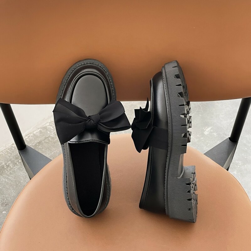Women Flat Shoes Bow Leather Shoes Ladies 2024 New Autumn Thick Heel Loafers Woman Fashion Comfortable Work Shoes Zapatos