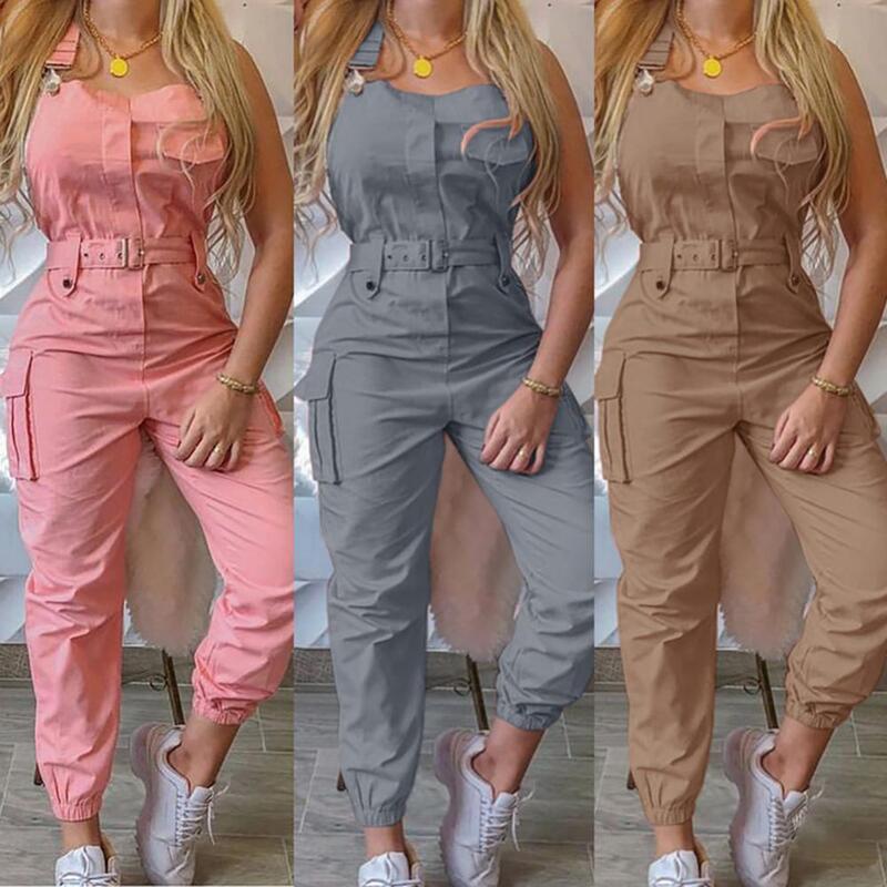 Women Sleeveless Jumpsuit Overall Pocket Fashion Pockets Blet Ankle Tied Long Pants Jumpsuit