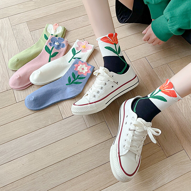 Женские короткие носки в японском и корейском стиле, милые повседневные носки карамельных цветов в стиле Харадзюку, милые носки средней длины с цветочным принтом, весна-осень