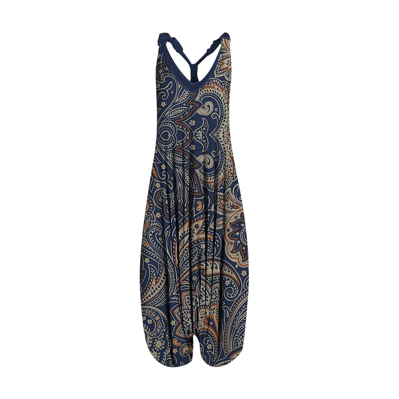 Racerback Jumpsuit Summer Spaghetti Straps V-Neck Vintage Printed Overall Jumpsuit Daily Causal All-Match Comfy Loose Jumpsuits