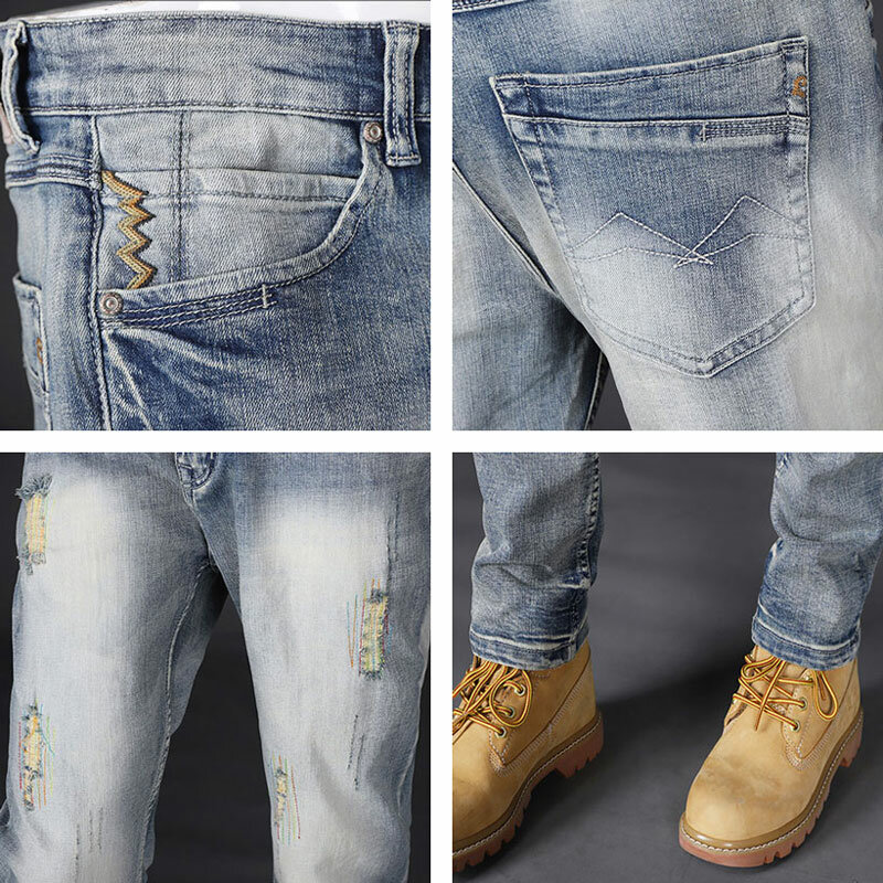 Pantalones vaqueros rasgados elásticos para hombre, Jeans rasgados, bordados, parcheados, Retro, azul lavado, nuevo diseñador de moda