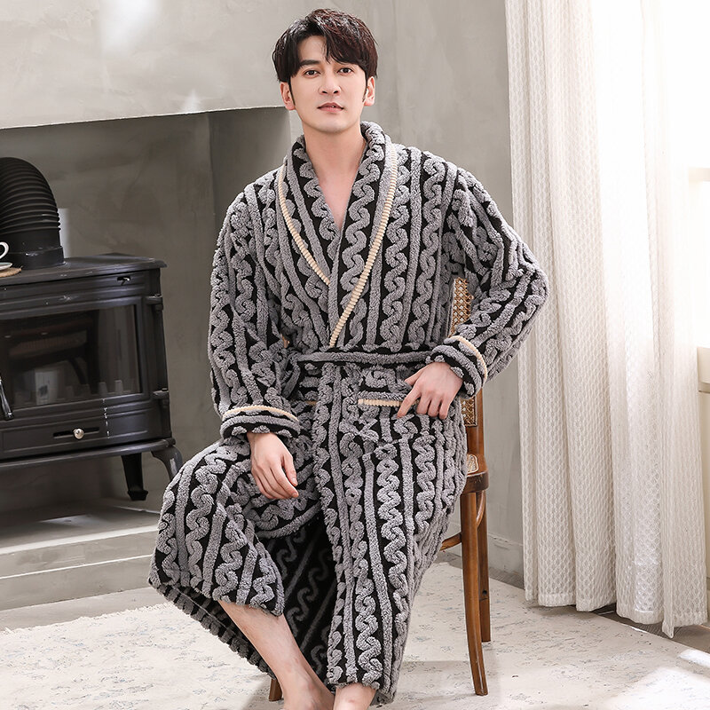 Jubah Pakaian Tidur Pria Jubah Terry Tebal Flanel Musim Dingin Mantel Mandi Hangat Kimono Lengan Panjang Pria Pakaian Rumah Jubah Pria