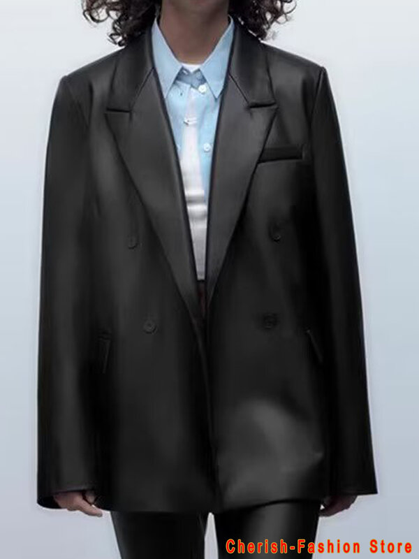 Blazer de couro falso botão frontal feminino, casaco de manga longa vintage, bolsos com aba, outerwear feminino, colete chique, moda marca
