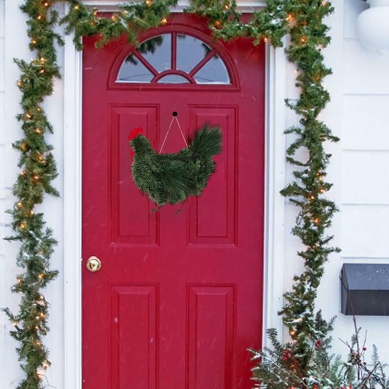 Świąteczny wieniec z kurczaka koguta Sztuczne gałązki sosny Zielone liście Girlanda na drzwi wejściowe Świąteczna girlanda Dekoracja drzwi