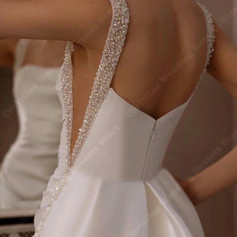 Prosta satynowa syrenka damska suknia ślubna z perłowym szerokim paskiem na ramię długość ślub księżniczki sukienki formalne płaszcz plażowy na imprezę