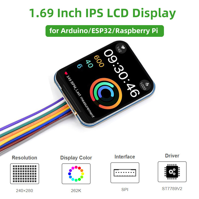 Módulo de Display LCD para Arduino, Tela IPS, 240 × 280 SPI Interface, 262K Cores, ESP32, Raspberry Pi 4B, 3B +, Zero, ST7789V2, 1.69"