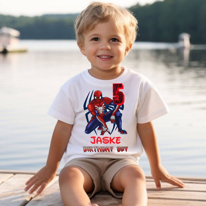 Рубашка для мальчиков и девочек, футболка с персонализированным именем человека-паука, для дня рождения, 2, 3, 4, 5, 6, 7, 8, 9, летняя одежда для детей