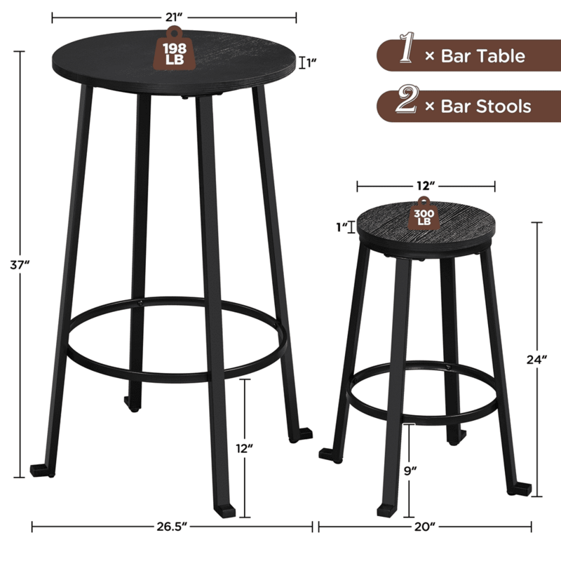 3-teiliges Bistro-Bar-Set aus Holz für die Küche, Esstisch mit Eisen rahmen und 2 Hockern, schwarz