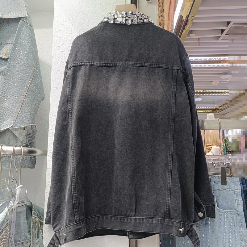 Casaco jeans feminino de strass pesado, top preto que combina com tudo, casaco elegante retrô, novo, primavera e outono, 2024