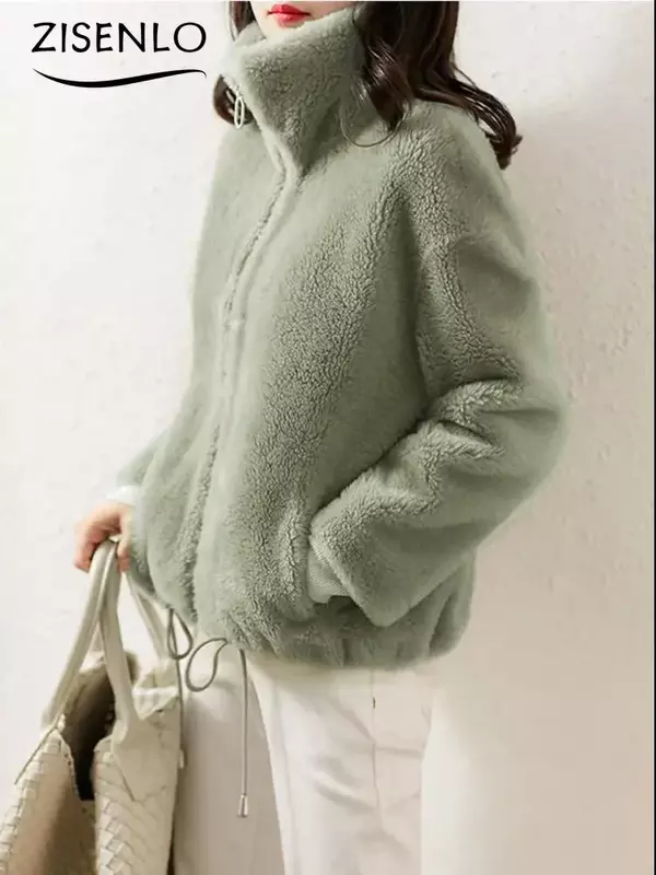 Camisola de lã quente feminina, casaco de pele sintética, jaqueta acolchoada, gola alta, dupla face, zíper, novo