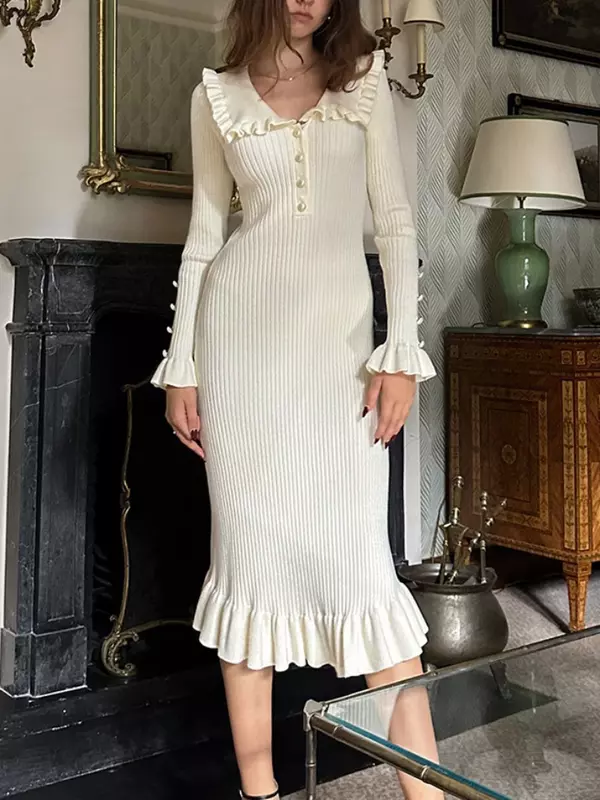 Taruxy hohe Taille gekräuselte Maxi kleider für Frauen Herbst Winter gestrickt schlanke lange Kleid Frauen Vintage Kleid Frau Retro elegant