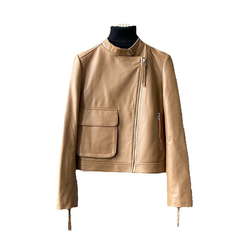Mantel kulit asli wanita, jaket kulit asli model Slim Fit, jaket kulit motor untuk wanita
