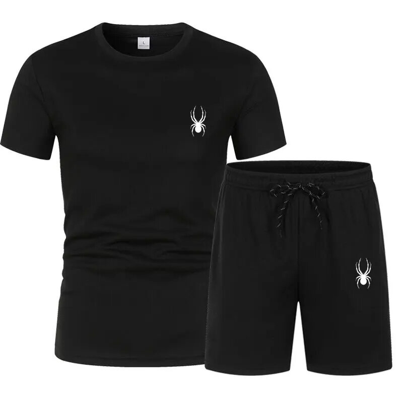 2024 men's summer T-shirt and shorts set, solid colors and spiders, jogging clothing, fashion, fitness short sleeves,