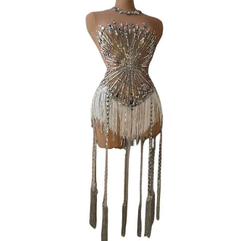 Sexy strass Crystal body donna Big Stretch nappa Club Prom Drag Queen Costume DS Stage Singer Dance Fringe body