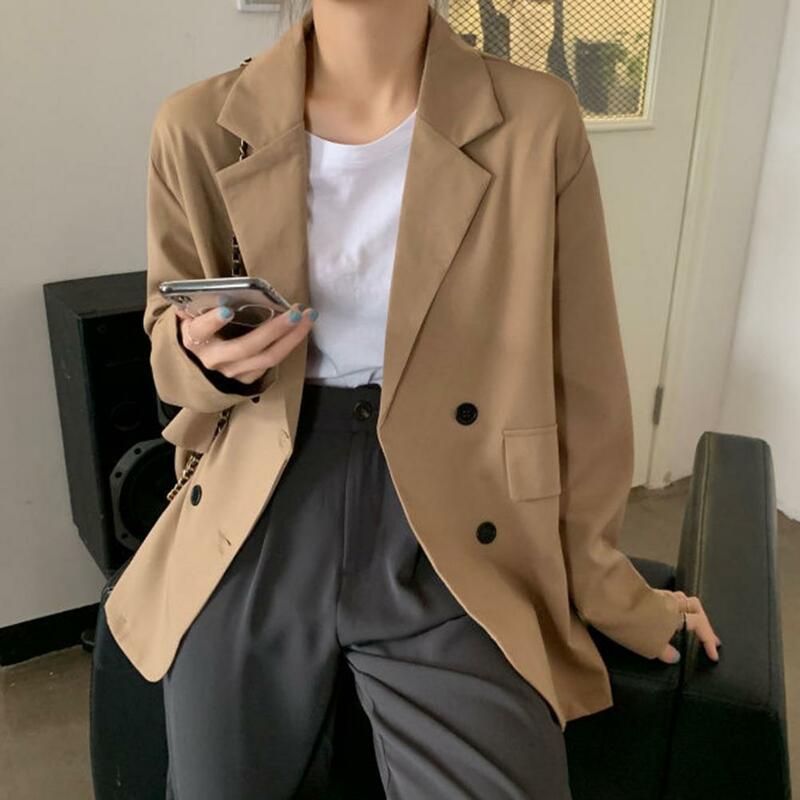 여성용 한국 패션 카키 더블 브레스트 블레이저, 우아한 공식 오피스 레이디 정장 코트, 캐주얼 블레이저 재킷