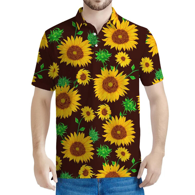 Mode Zonnebloem Grafisch Poloshirt Voor Mannen 3d Bedrukt Bloem Revers Korte Mouwen Zomer Straat T-Shirt Knoop T-Shirts