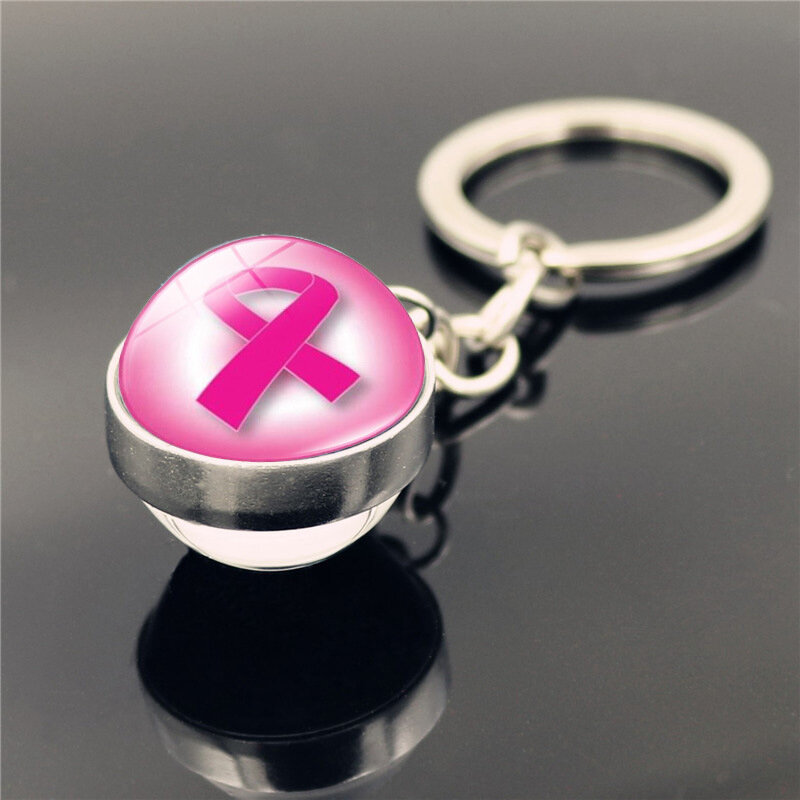 1 Pcs Pink Ribbon Breast Cancer Keychains Pendant Breast Cancer Awareness Charms Double Sided Glass Ball Pendant Metal Keyrings