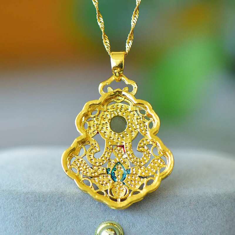 Rame intarsiato con fiore di buon auspicio di giada Hetian naturale🌸Ciondolo Color smalto collana donna gioielli regali