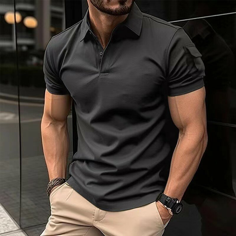 Camisa polo casual de manga curta masculina, moda de escritório, camiseta de lapela, roupa respirável, nova, verão, 2023