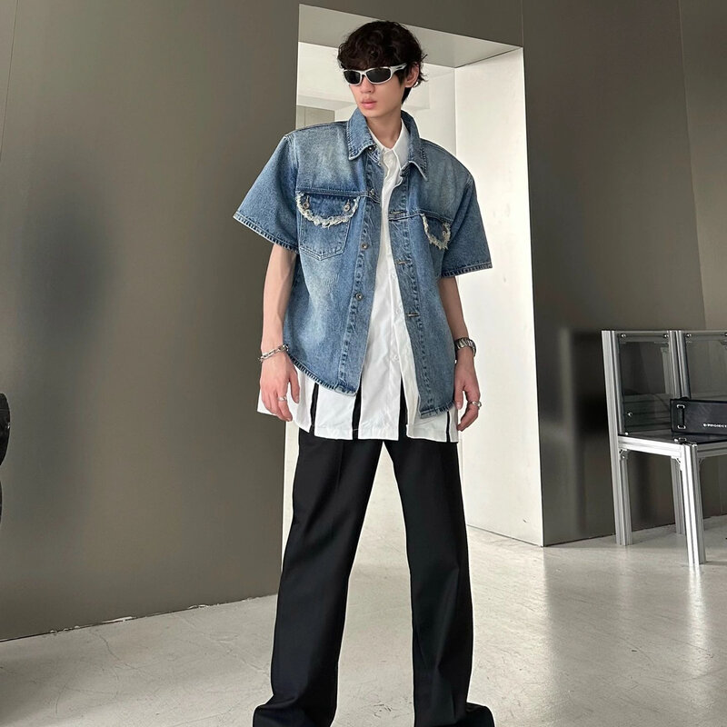 Men's Short Sleeve Tee Denim Luxury Shirt Summer Half Sleeve Coat Thin Korean Popular Clothes Trend Tops Shirts Streetwear 2024
