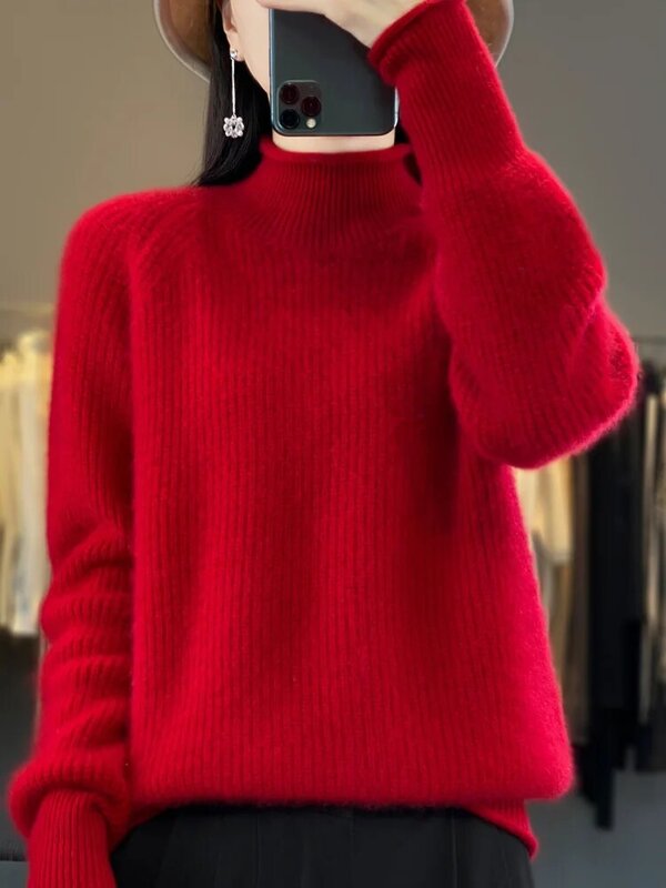 Damski jesienno-zimowy gruby sweter z dekoltem 100% Meino wełniany jednokolorowy ciepły z długim rękawem dzianina z kaszmiru koreański modny Top