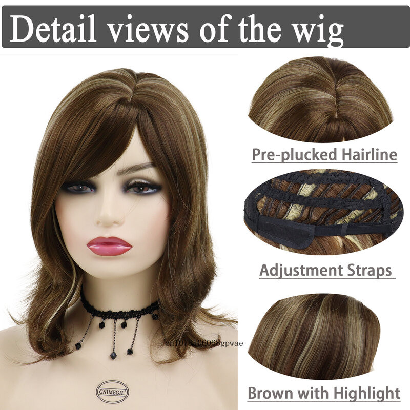 Medium Length Natural Brown Wigs Synthetic Hair Straight Silky Wigs with Bangs for Women Lady Daily Costume Party Heat Resistant