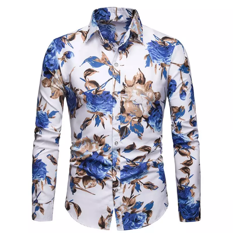 Spring and Autumn Printed Long Sleeved Shirt For Men Rose Flower Turn-down Collar Shirts Hawaiian Vacation Camisa Chemise M-3XL
