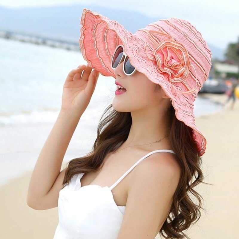Chapéus de proteção solar de aba larga para mulheres, dobrável, ajustável, enrole, disquete, praia, feriado, flor, anti-UV, verão, novo