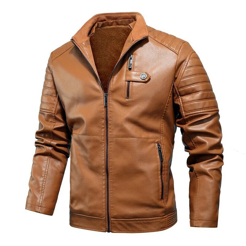 Мужские пальто из искусственной кожи MY223, Байкерская утепленная флисовая верхняя одежда, мотоциклетная зимняя мужская кожаная куртка на молнии с воротником-стойкой