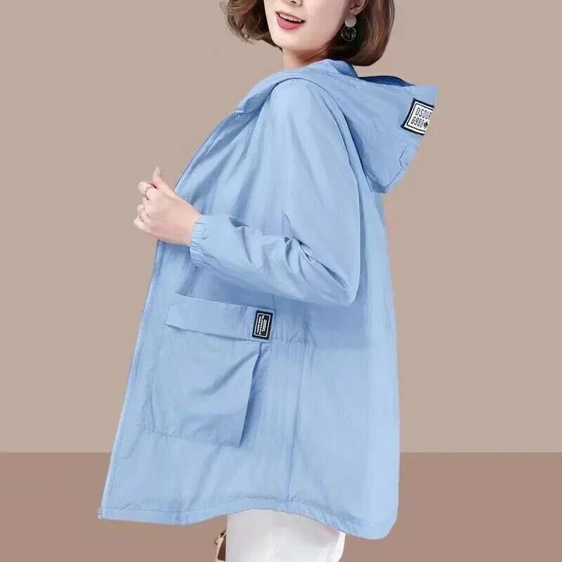 Jaket wanita lengan panjang musim semi, musim panas, mantel bertudung 2024 tipis pakaian pelindung matahari, jaket olahraga luar ruangan penahan angin wanita