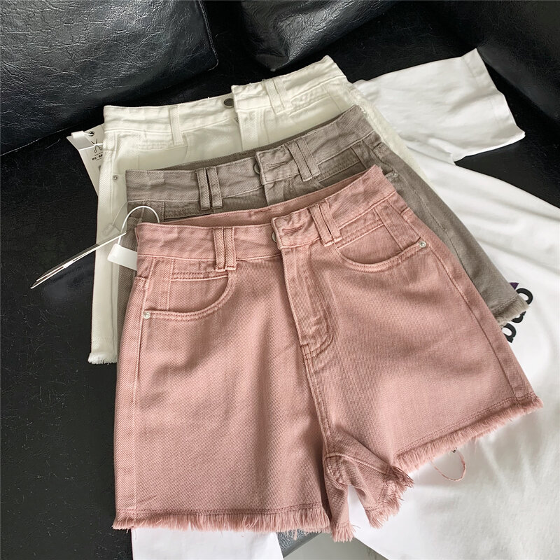 Shorts jeans de corte retrô feminino, cintura alta rosa, reto de verão, sujo