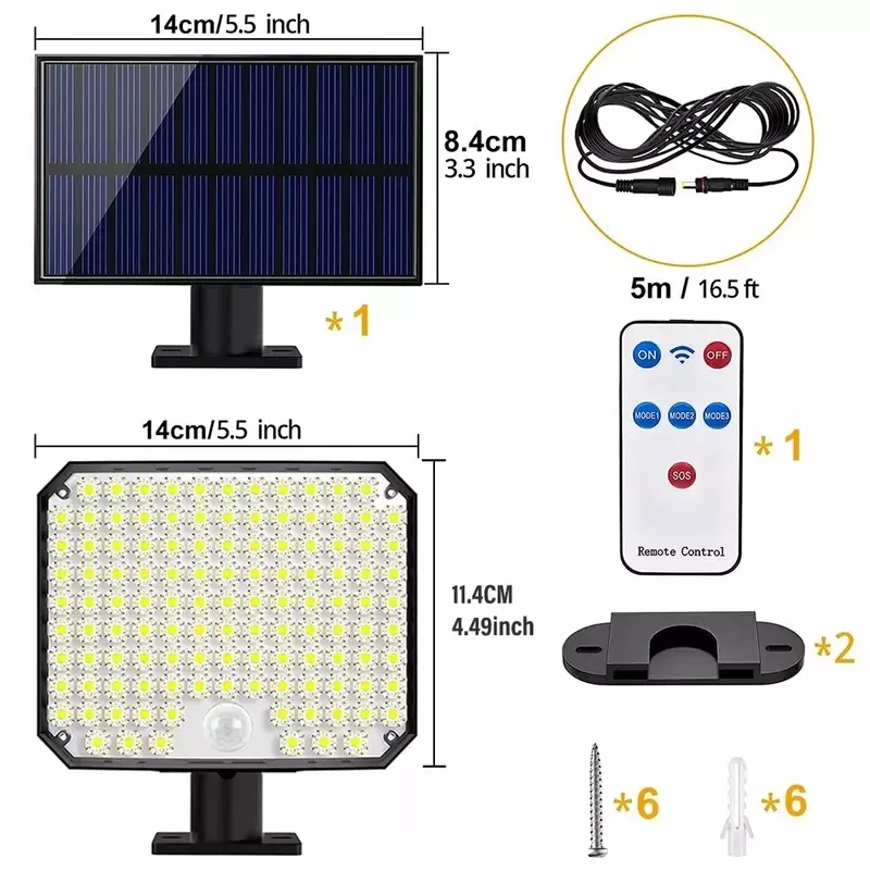 Lâmpada de rua solar dividida com sensor de movimento, 118LED, 3 Mode, controle remoto, IP65 impermeável, pátio, garagem, quintal, luz de parede