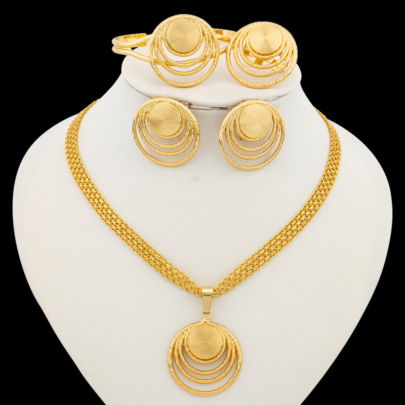 18k anting warna emas dan kalung Bangle Cincin Set Perhiasan untuk wanita pesta pernikahan klip anting manset cincin perhiasan