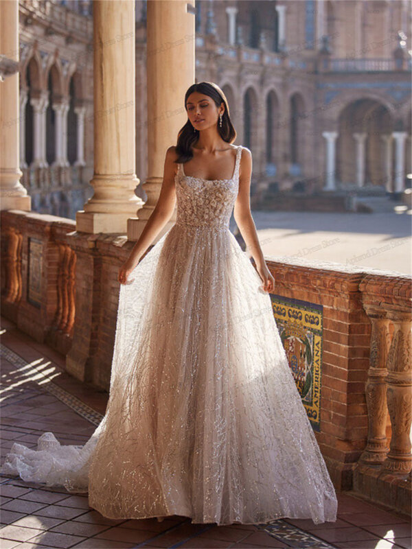 Gaun pernikahan cantik gaun pengantin elegan jubah berjenjang Tulle menawan applique renda panjang lantai Vestidos De Novia anggun