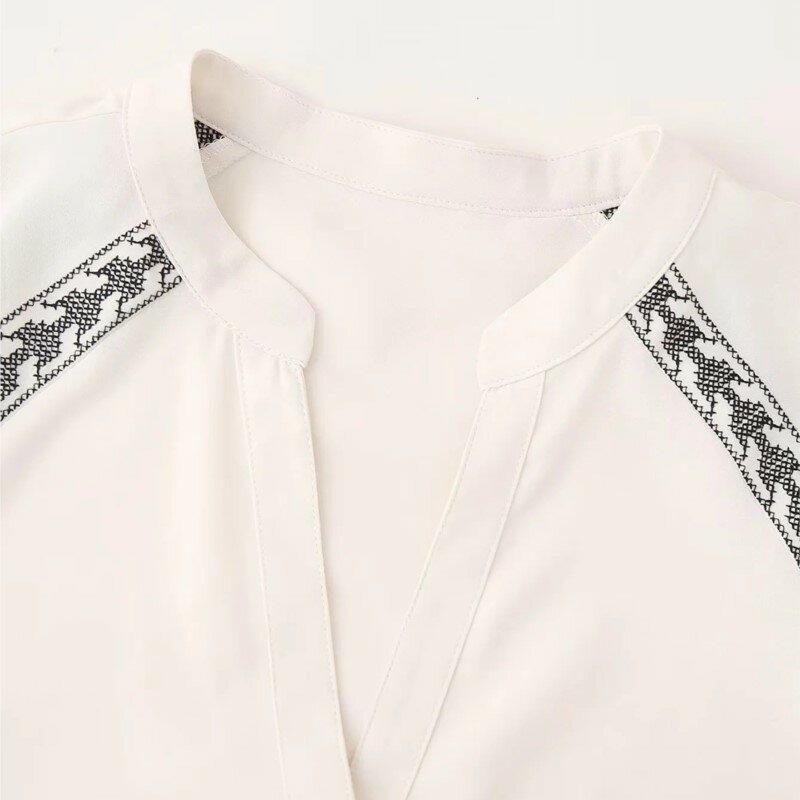 Damska solidna haftowana bluzka 2024 letnia nowa dekolt w serek jednorzędowe bluzki z długim rękawem kobiece eleganckie koszule na co dzień topy