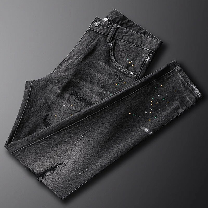 High Street Fashion Men Jeans Retro Black Gray Stretch Slim Fit Printed Ripped Jeans Men Painted Designer Hip Hop Denim Pants