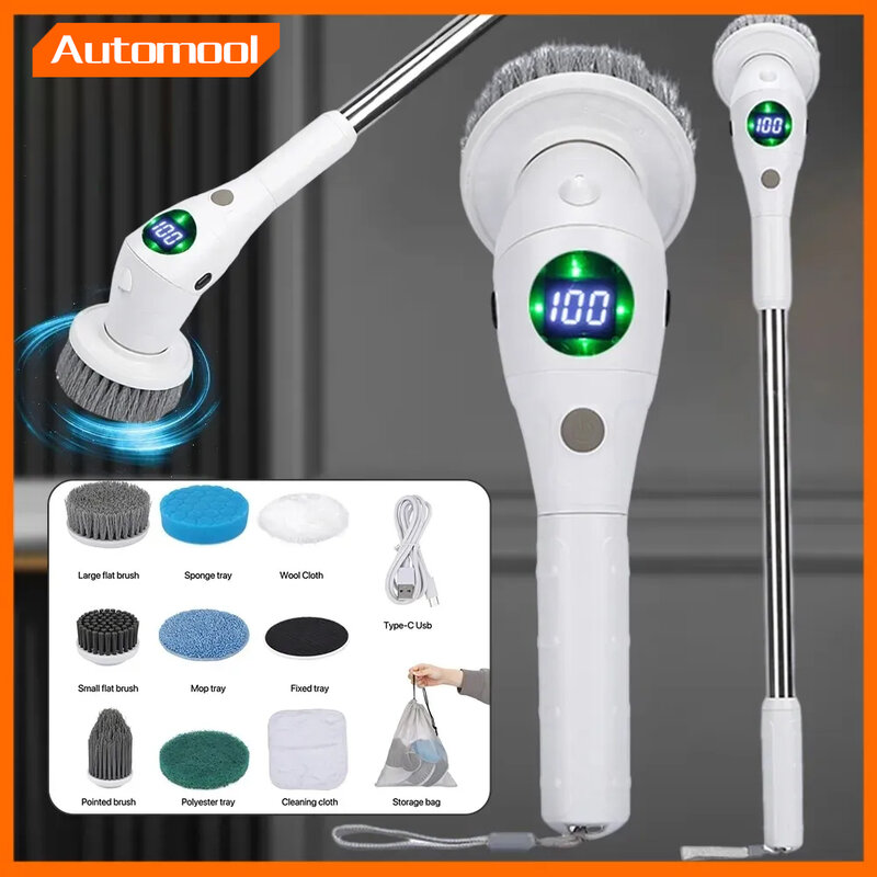 Multifuncional escova de limpeza elétrica, escova doméstica rotativa, LED Nightlight, 8 em 1, banheiro, cozinha
