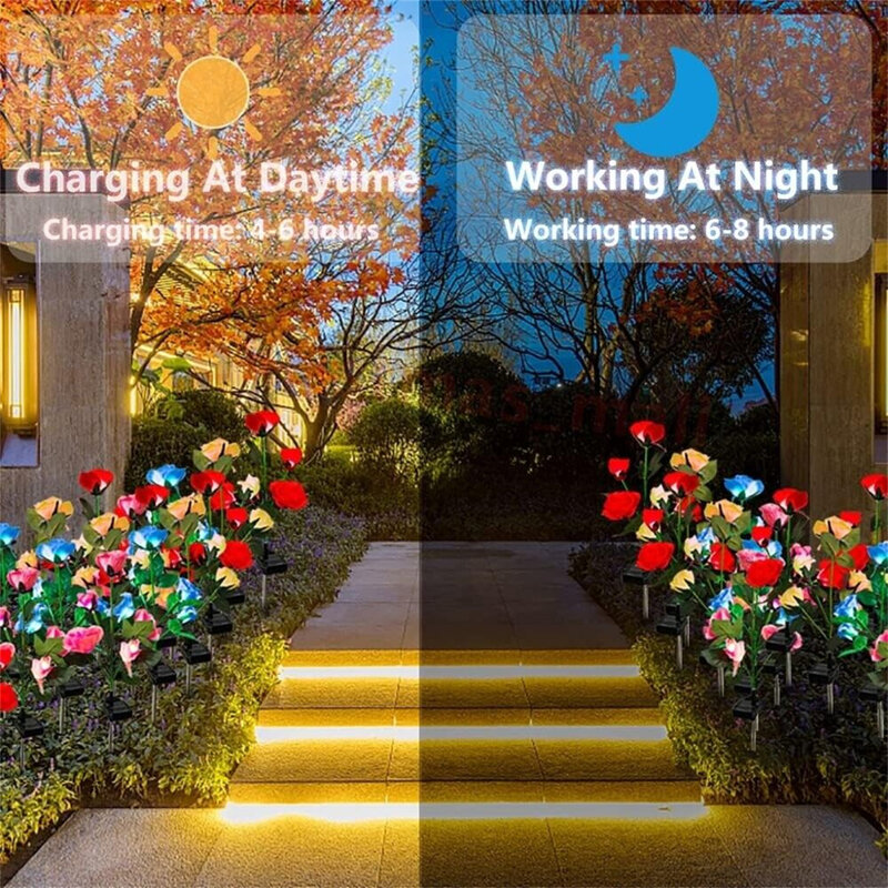 Luzes LED solares ao ar livre, decorativas, 5 cabeças, flor rosa, lâmpada de gramado, quintal, pátio, decoração do jardim
