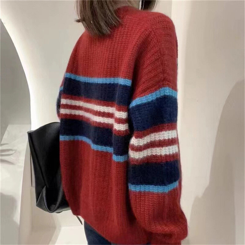 빈티지 스트라이프 점퍼 라운드 넥 풀오버 루즈핏 니트 스웨터 여성용, 하라주쿠 스타일, 따뜻한, 가을 겨울, 2022