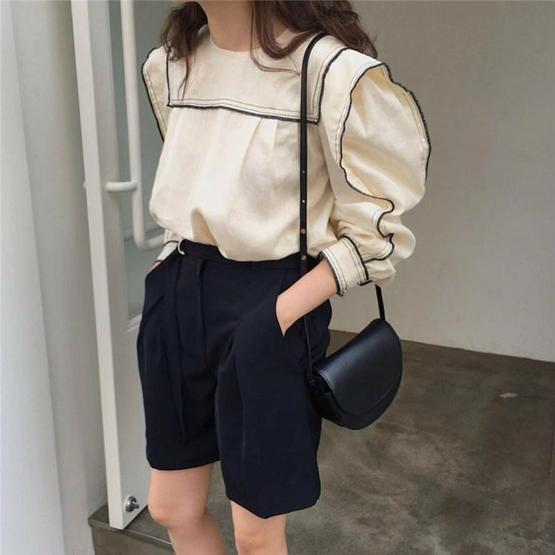 Arazooyi Chic Early Autumn Preppy Style Color-Hit Sweet Fashion Women Sailor Collar Tops Fresh Puff-Sleeved All-Match Shirts