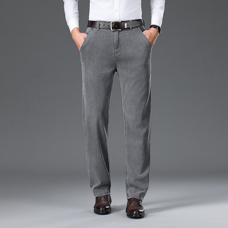 Celana panjang jins kain Lyocell mewah, pakaian kerja pria bisnis modis Lurus meregang, celana panjang jins longgar untuk pria