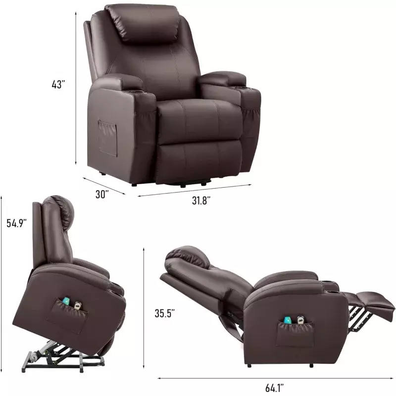 JUMMICO Power Lift Recliner Chair with Heat and Massage for Elderly PU Leather Modern Reclining Sofa Chair with Cup Holders, Rem
