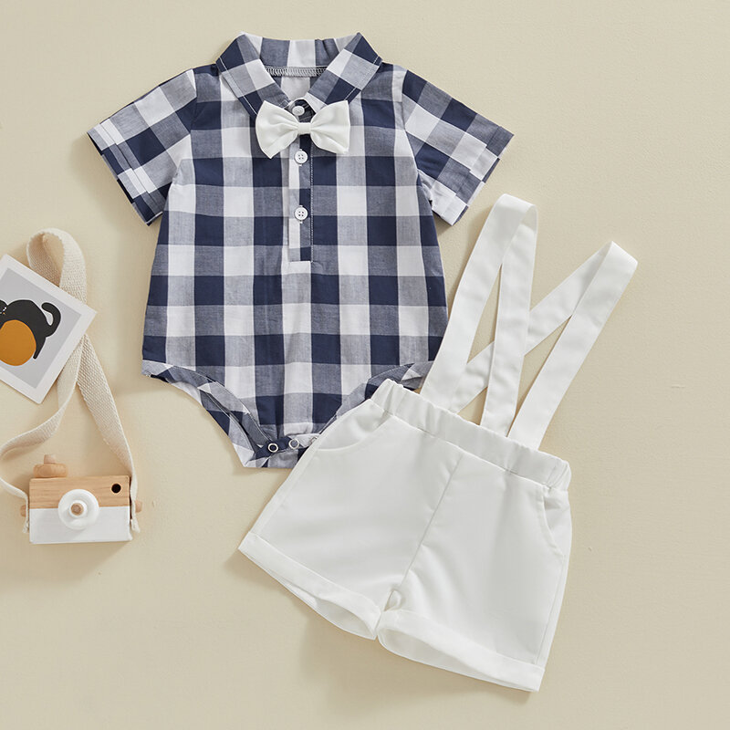 Infant Baby Boy Summer Gentleman Outfits Plaid Pattern Short Sleeve Lapel Button Down Shirt Romper with Bowtie Suspender Shorts