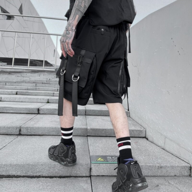 Calça de carga tática masculina com remendos de flâmula multi-bolso, calças cortadas, verão, Y2K, 2022